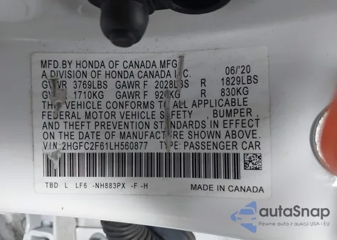 2020 Honda Civic Lx из США, поврежденный, VIN 2HGFC2F61LH560877